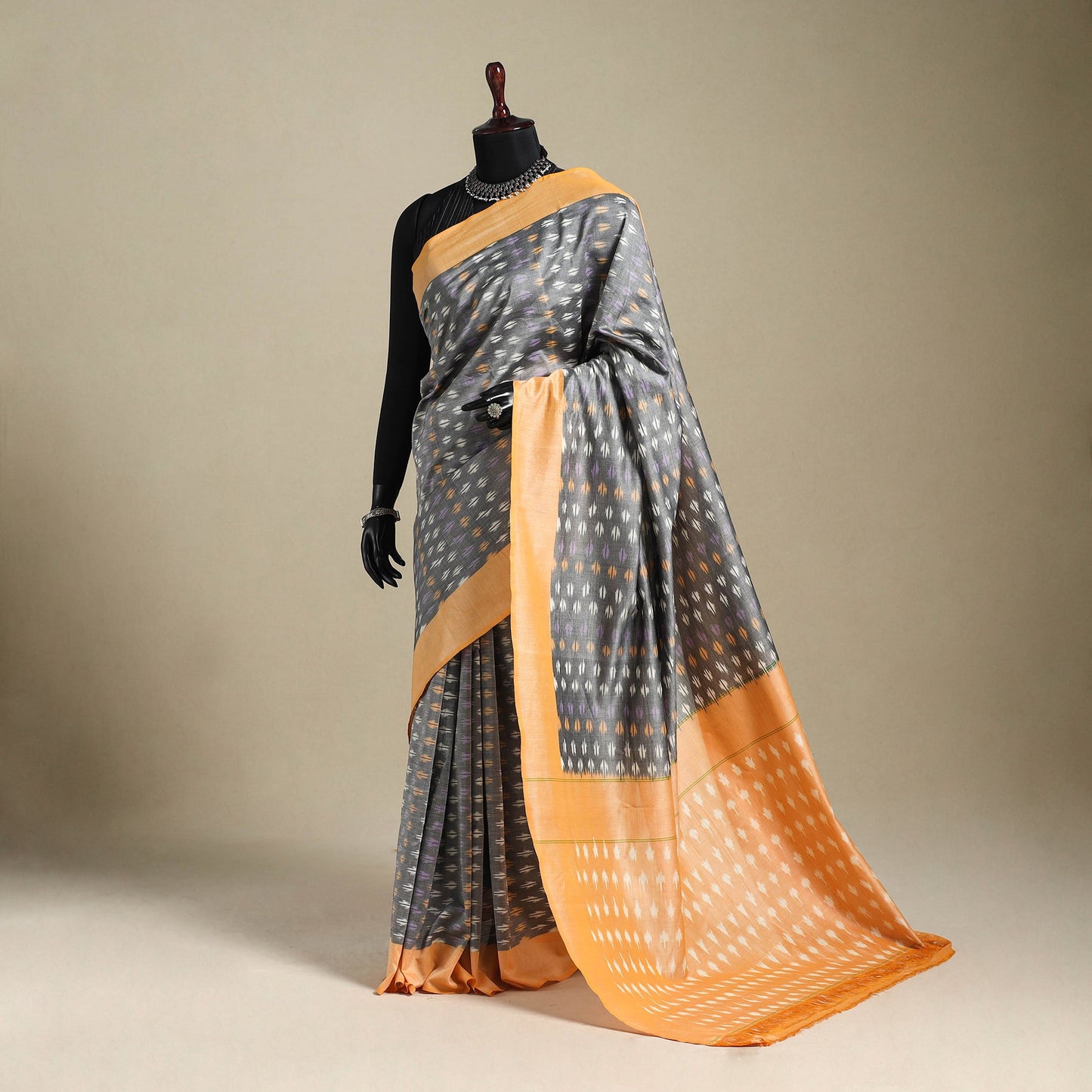 Grey - mercerised cotton handloom pochampally ikat saree 10