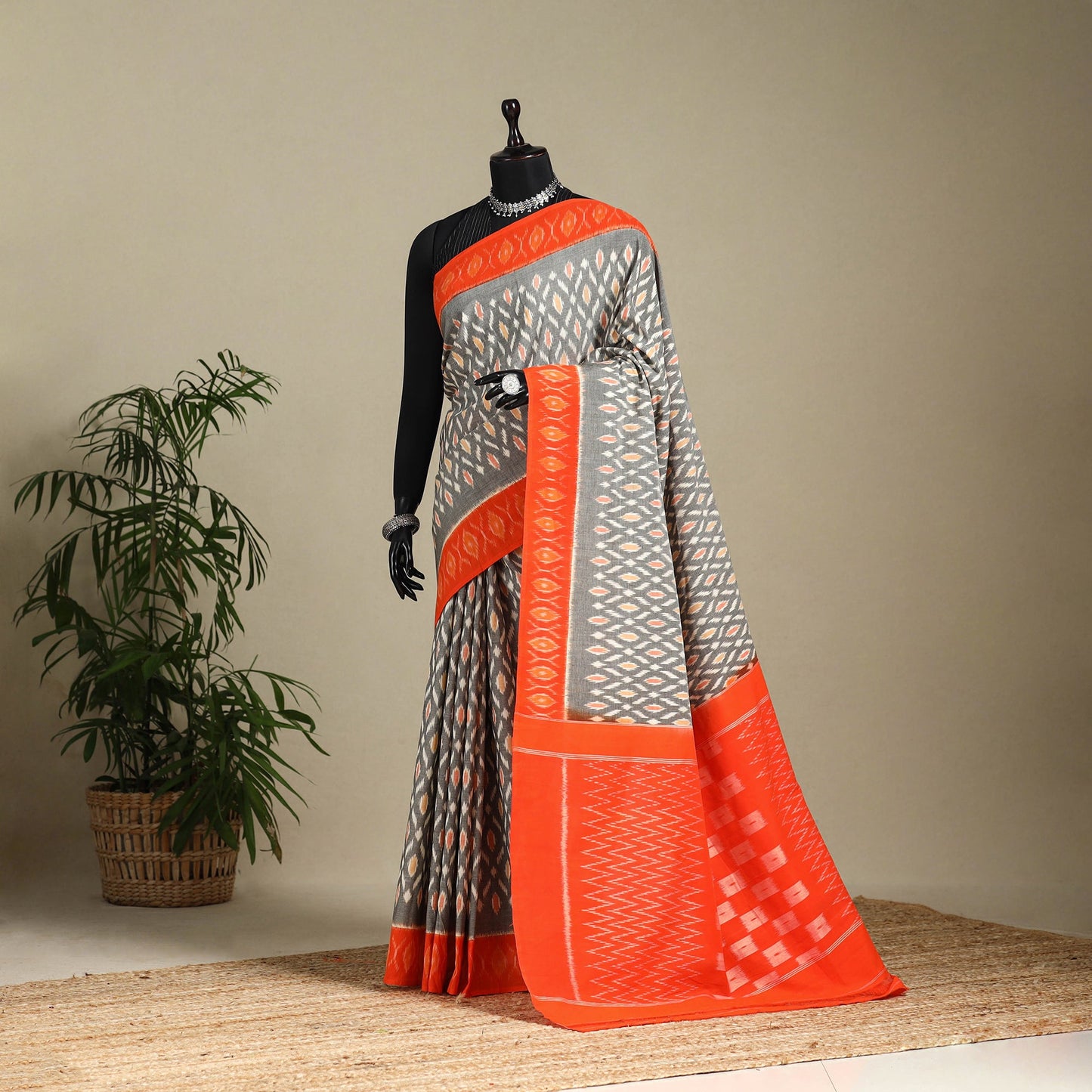 Grey - mercerised cotton handloom pochampally ikat saree 34