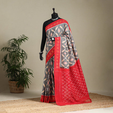 Grey - mercerised cotton handloom pochampally ikat saree 54