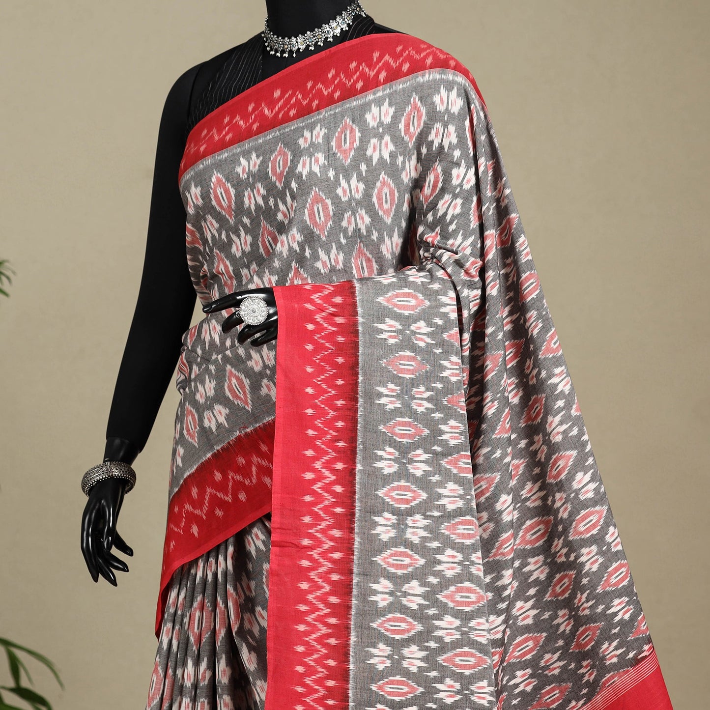 Grey - mercerised cotton handloom pochampally ikat saree 55