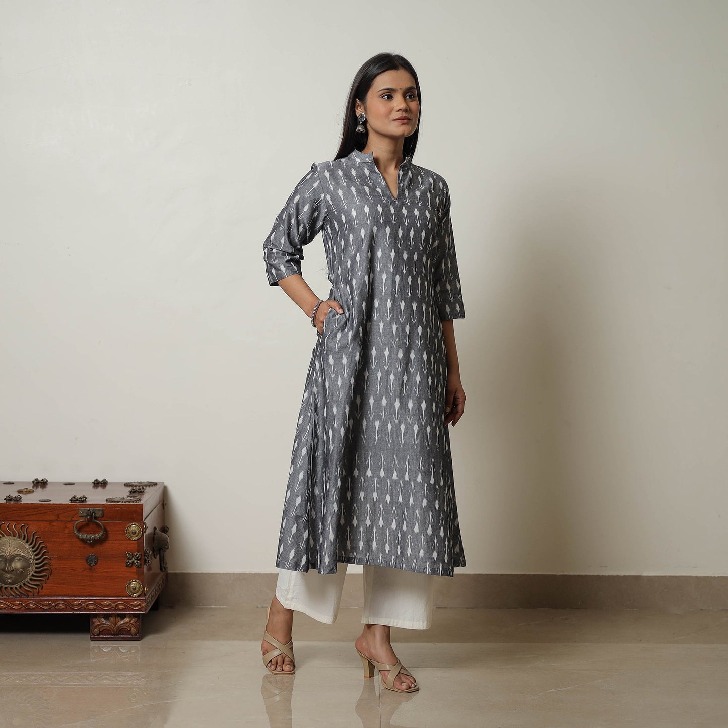 Grey Mercerised Cotton A-Line Pochampally Ikat Kurta for Women