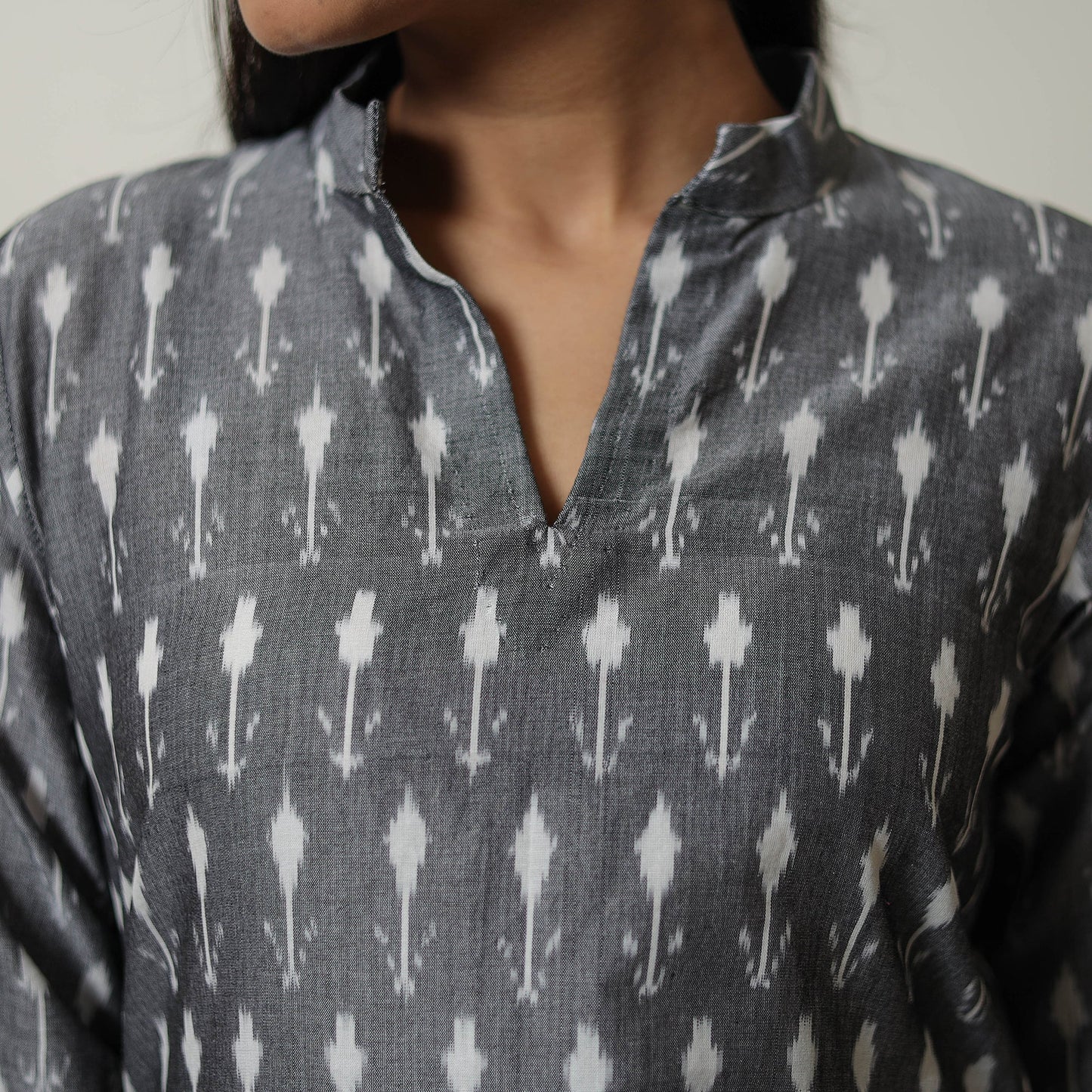 Grey Mercerised Cotton A-Line Pochampally Ikat Kurta for Women