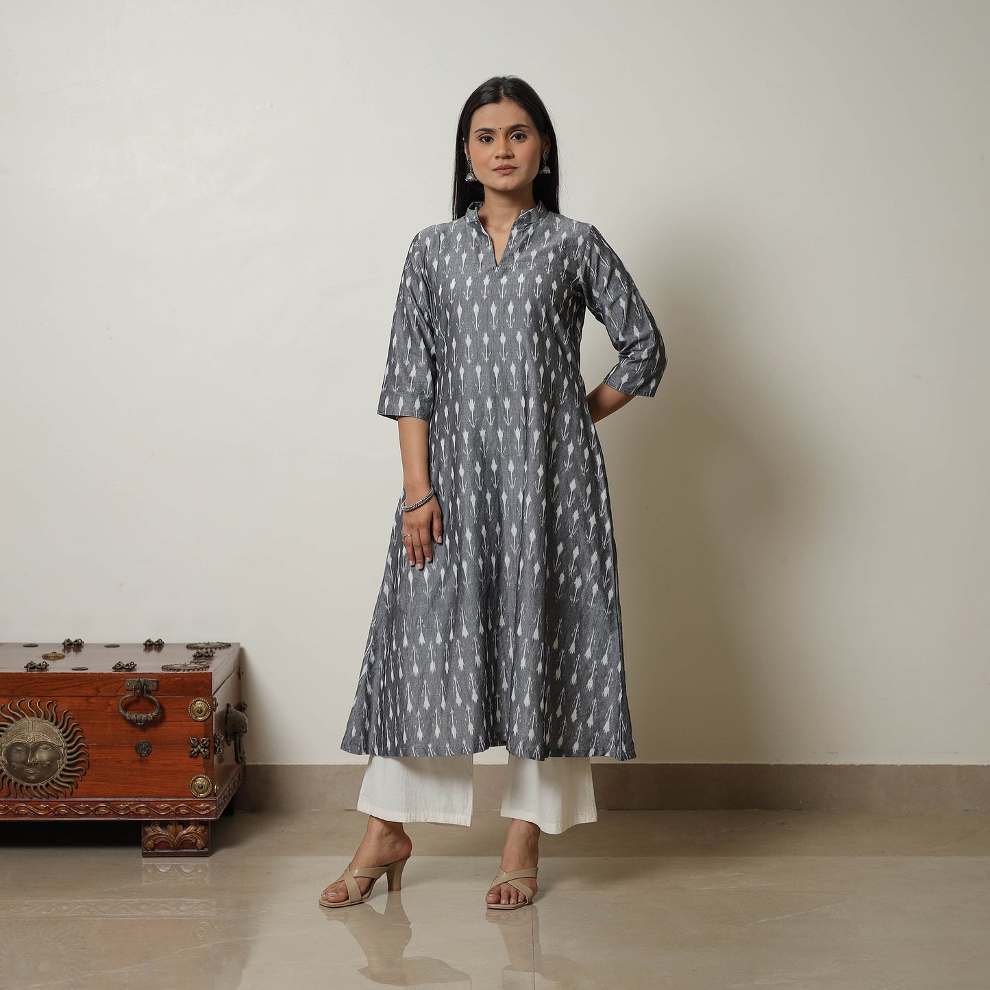 Grey Mercerised Cotton A-Line Pochampally Ikat Kurta for Women