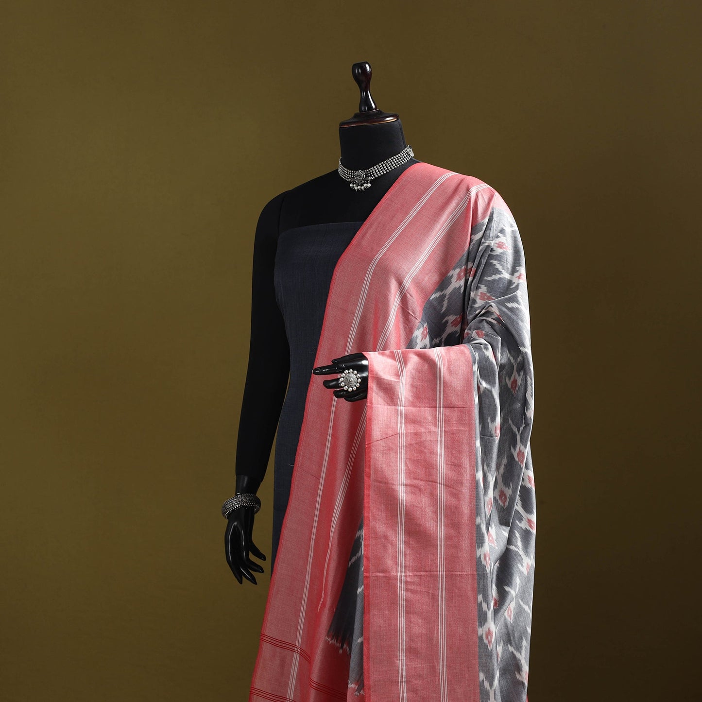Grey - mercerised cotton pochampally ikat dupatta 13