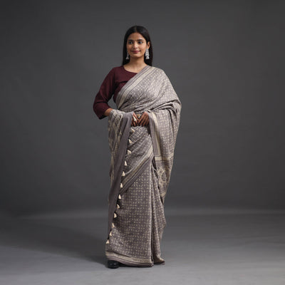 Grey - merino wool saree with tassels 02 - handcrafted