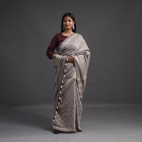 Grey - merino wool saree with tassels 02 - handcrafted