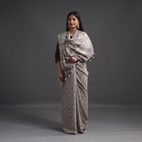 Grey - merino wool saree with tassels 02 - handcrafted