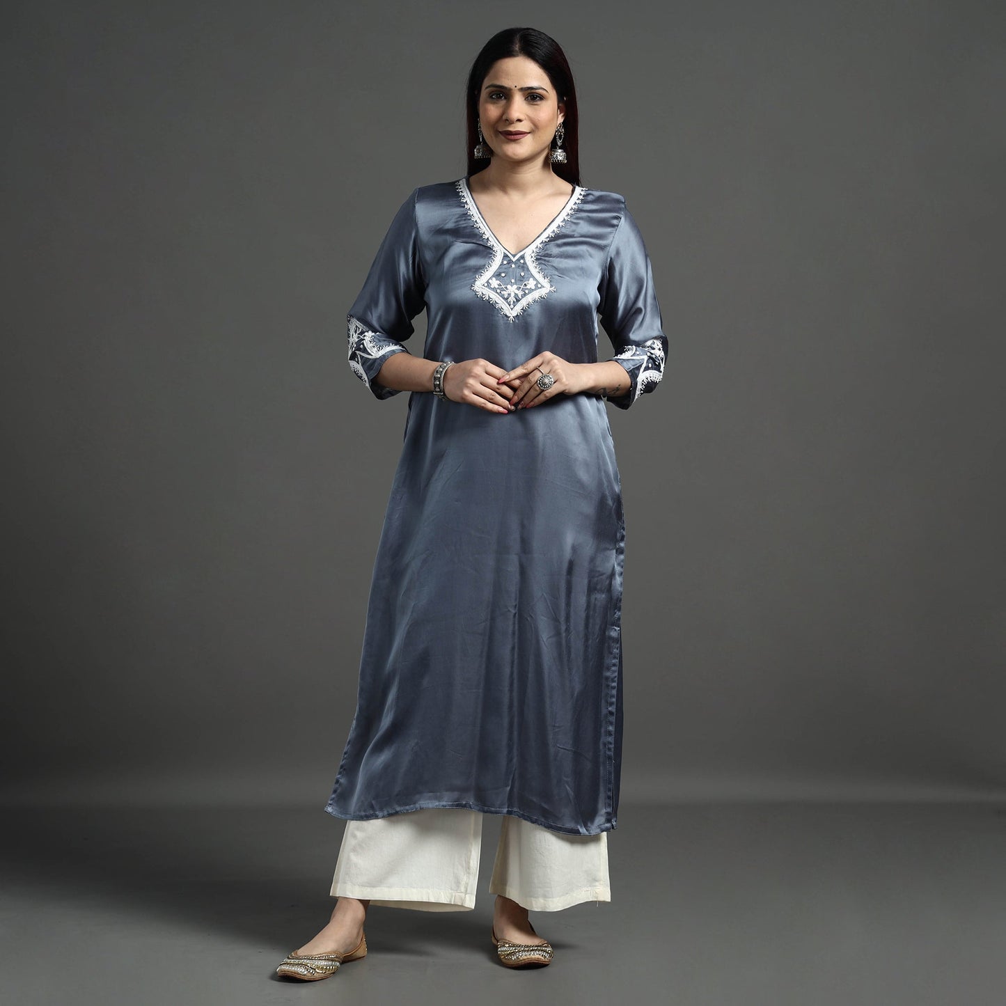 Buy Navy Blue Modal Silk Hand Embroidered Long Kurta l iTokri.com