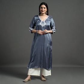 Buy Navy Blue Modal Silk Hand Embroidered Long Kurta l iTokri.com