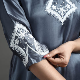 Buy Navy Blue Modal Silk Hand Embroidered Long Kurta l iTokri.com