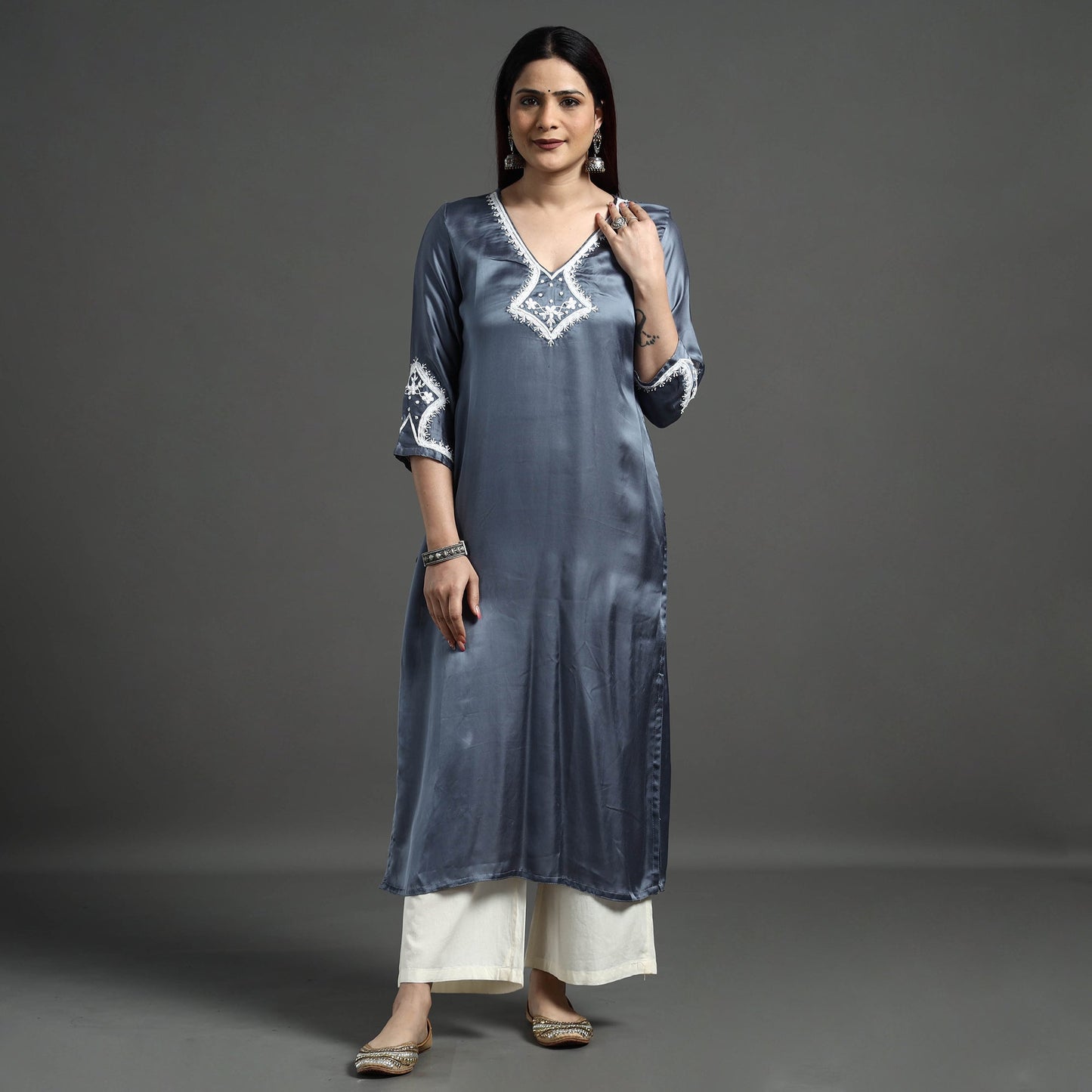 Buy Navy Blue Modal Silk Hand Embroidered Long Kurta l iTokri.com