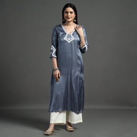 Buy Navy Blue Modal Silk Hand Embroidered Long Kurta l iTokri.com