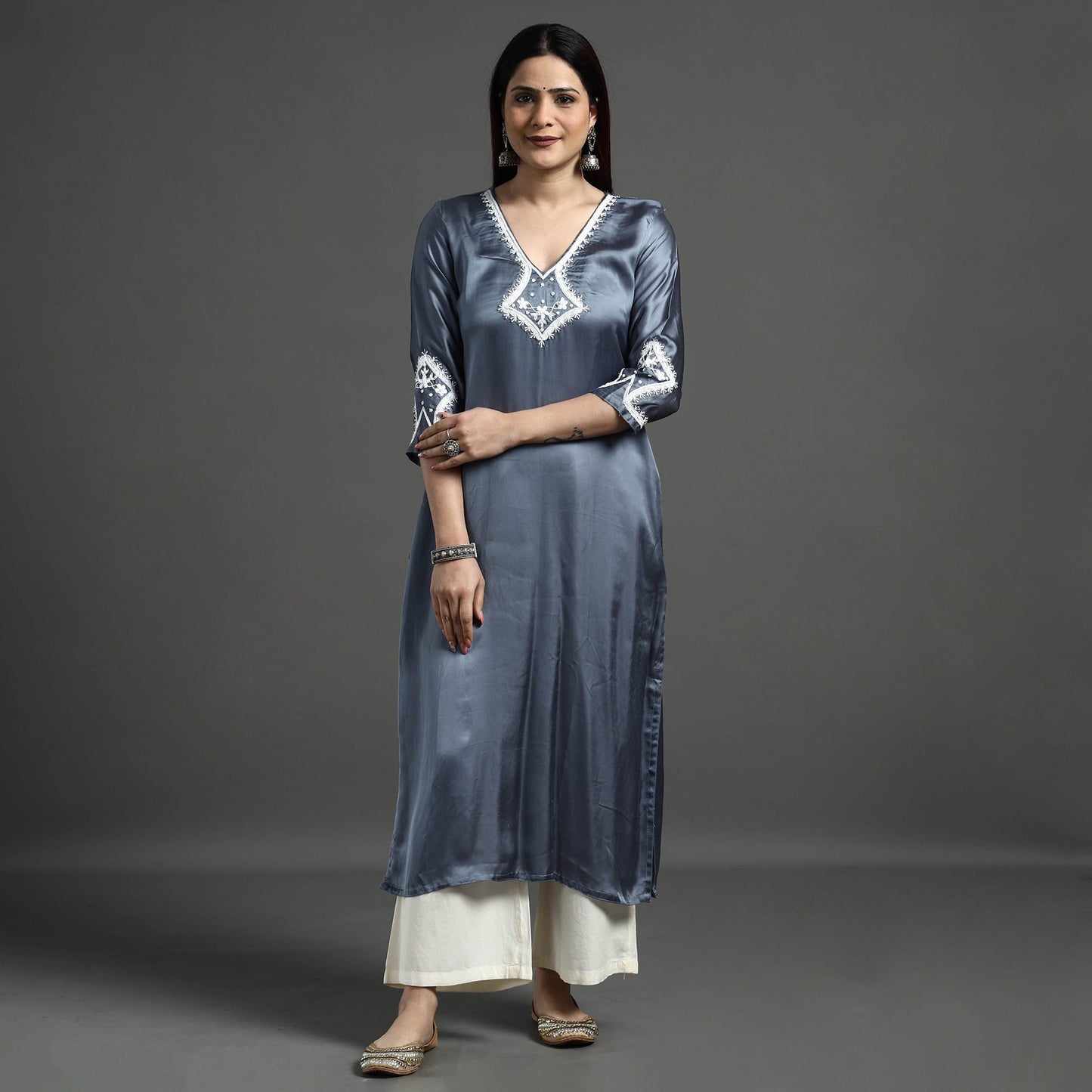 Buy Navy Blue Modal Silk Hand Embroidered Long Kurta l iTokri.com