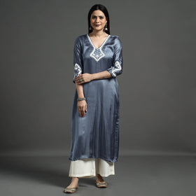 Buy Navy Blue Modal Silk Hand Embroidered Long Kurta l iTokri.com