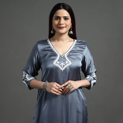Buy Navy Blue Modal Silk Hand Embroidered Long Kurta l iTokri.com