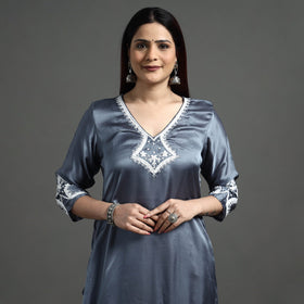 Buy Navy Blue Modal Silk Hand Embroidered Long Kurta l iTokri.com