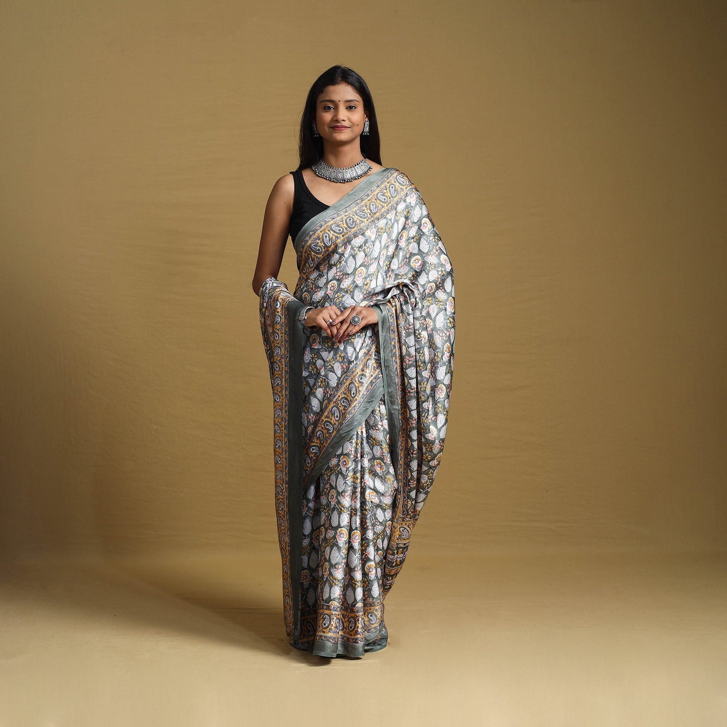 Grey Modal Silk Sanganeri Print Saree