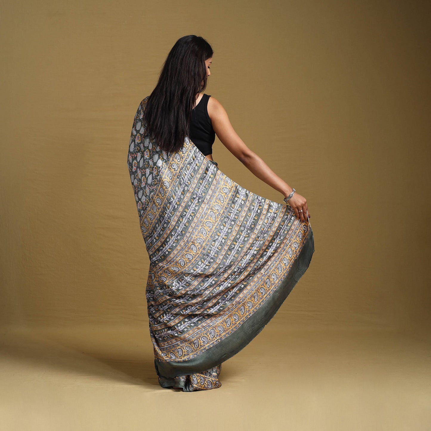 Grey Modal Silk Sanganeri Print Saree