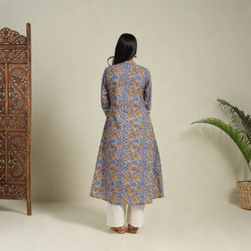 Mosaic Fusion Cotton A-Line Lace Work Grey Sanganeri Kurta for Women