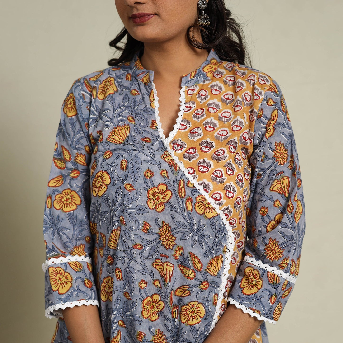 Mosaic Fusion Cotton A-Line Lace Work Grey Sanganeri Kurta for Women