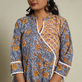 Mosaic Fusion Cotton A-Line Lace Work Grey Sanganeri Kurta for Women