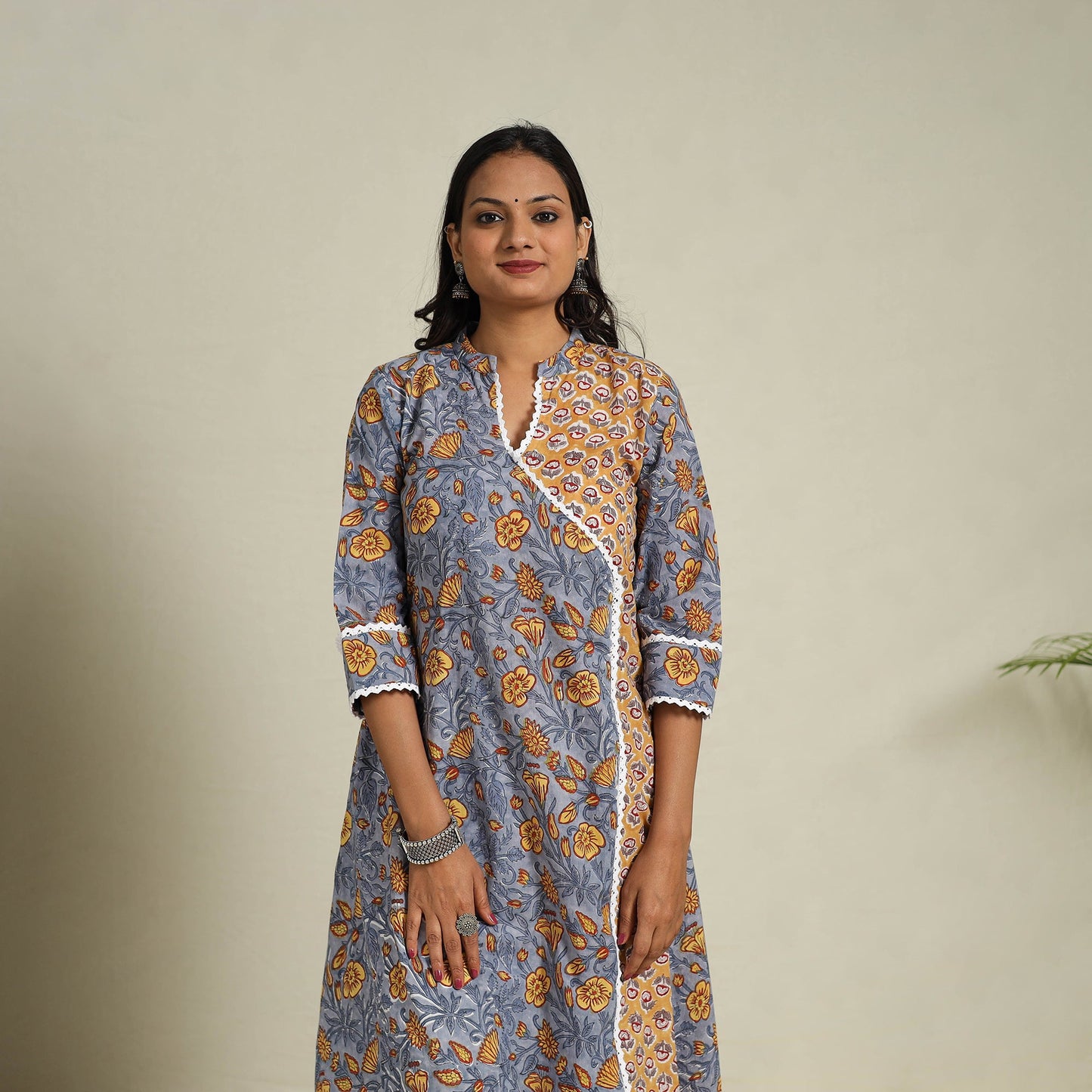 Mosaic Fusion Cotton A-Line Lace Work Grey Sanganeri Kurta for Women