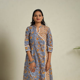 Mosaic Fusion Cotton A-Line Lace Work Grey Sanganeri Kurta for Women