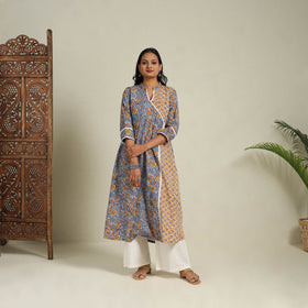 Mosaic Fusion Cotton A-Line Lace Work Grey Sanganeri Kurta for Women