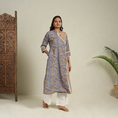 Mosaic Fusion Cotton A-Line Lace Work Grey Sanganeri Kurta for Women