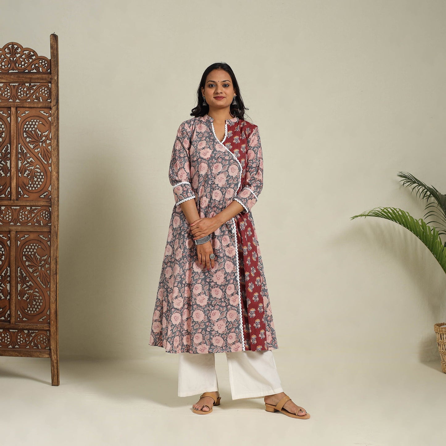 Mosaic Fusion Cotton A-Line Lace Work Grey Sanganeri Kurta for Women