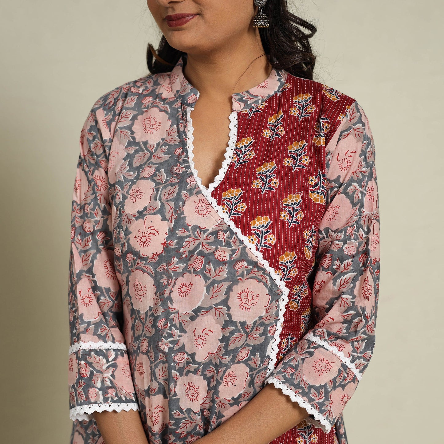 Mosaic Fusion Cotton A-Line Lace Work Grey Sanganeri Kurta for Women