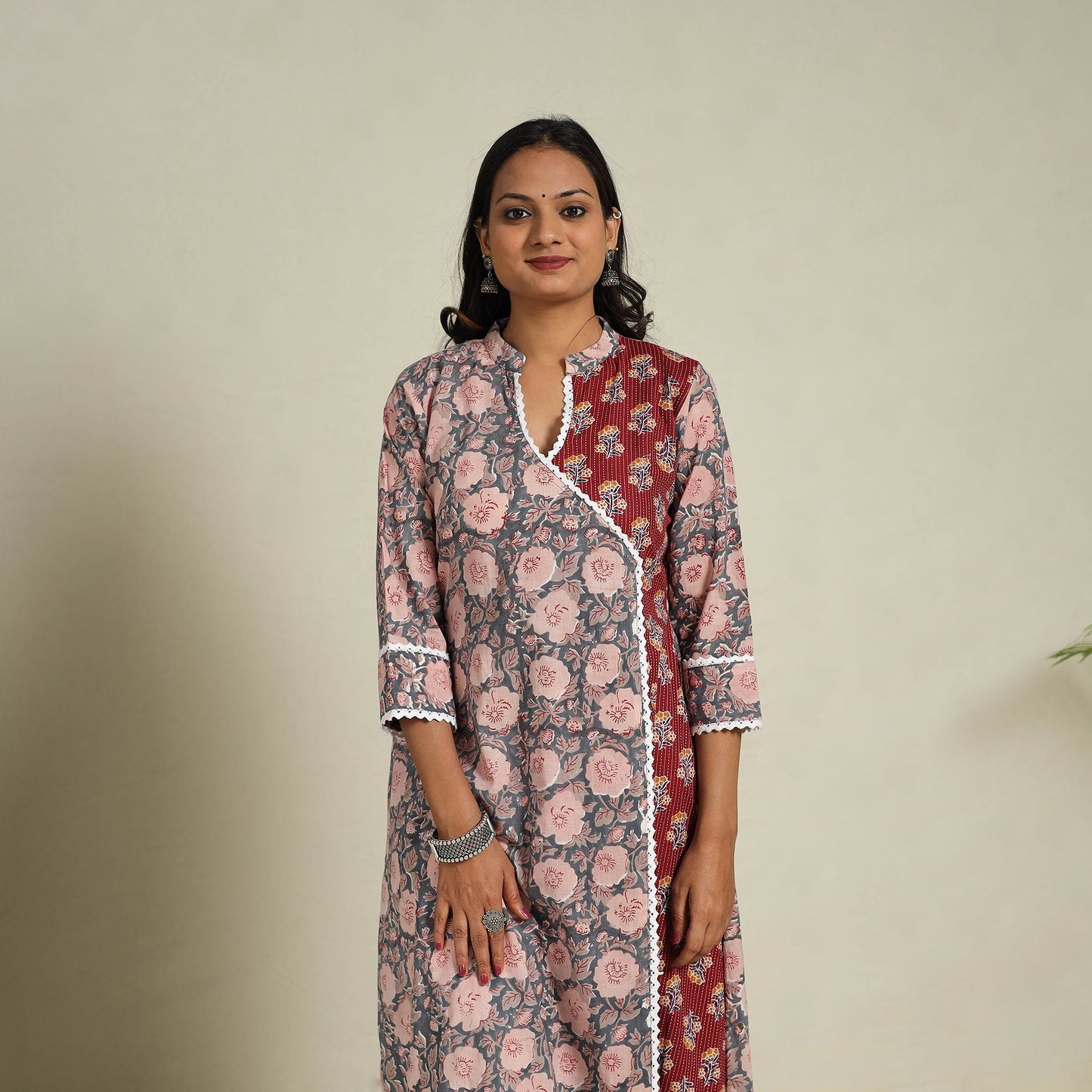 Mosaic Fusion Cotton A-Line Lace Work Grey Sanganeri Kurta for Women