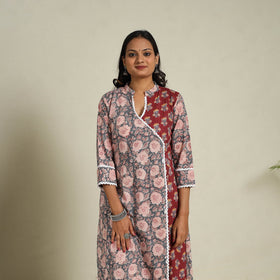 Mosaic Fusion Cotton A-Line Lace Work Grey Sanganeri Kurta for Women