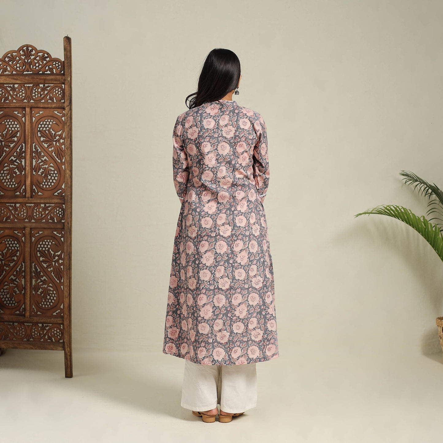 Mosaic Fusion Cotton A-Line Lace Work Grey Sanganeri Kurta for Women