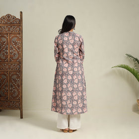 Mosaic Fusion Cotton A-Line Lace Work Grey Sanganeri Kurta for Women