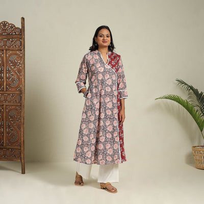 Mosaic Fusion Cotton A-Line Lace Work Grey Sanganeri Kurta for Women