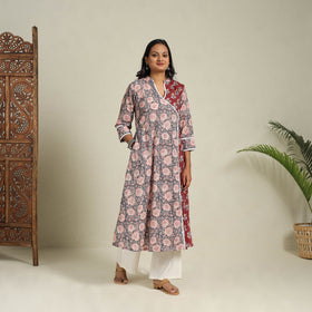 Mosaic Fusion Cotton A-Line Lace Work Grey Sanganeri Kurta for Women
