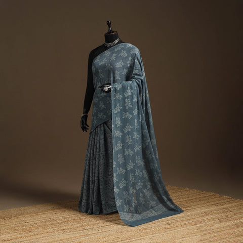 Grey - mul cotton hand batik saree 09 - handcrafted