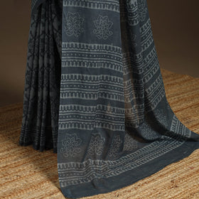 Grey - mul cotton hand batik saree 21 - handcrafted