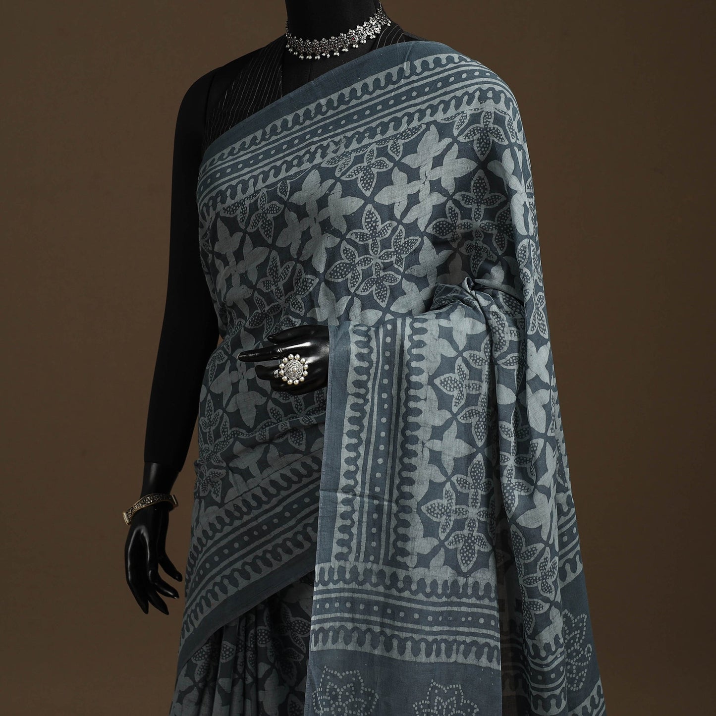 Grey - mul cotton hand batik saree 21 - handcrafted