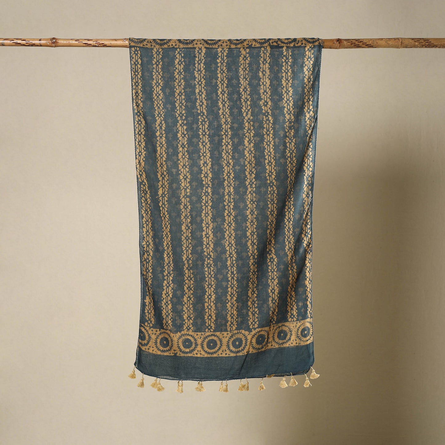 Buy Grey Mul Cotton Hand Batik Print Stole with Tassels