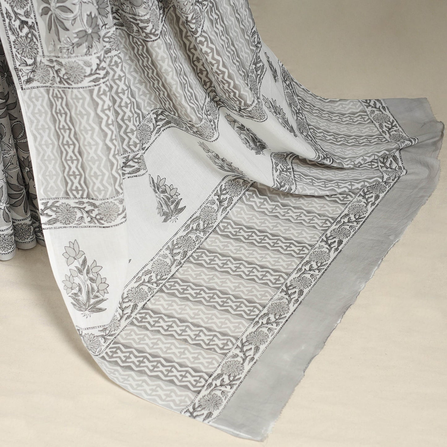 Grey - mul cotton sanganeri saree 19 - handcrafted