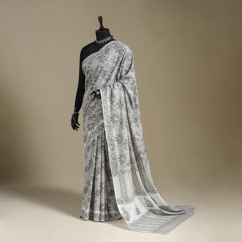 Grey - mul cotton sanganeri saree 19 - handcrafted