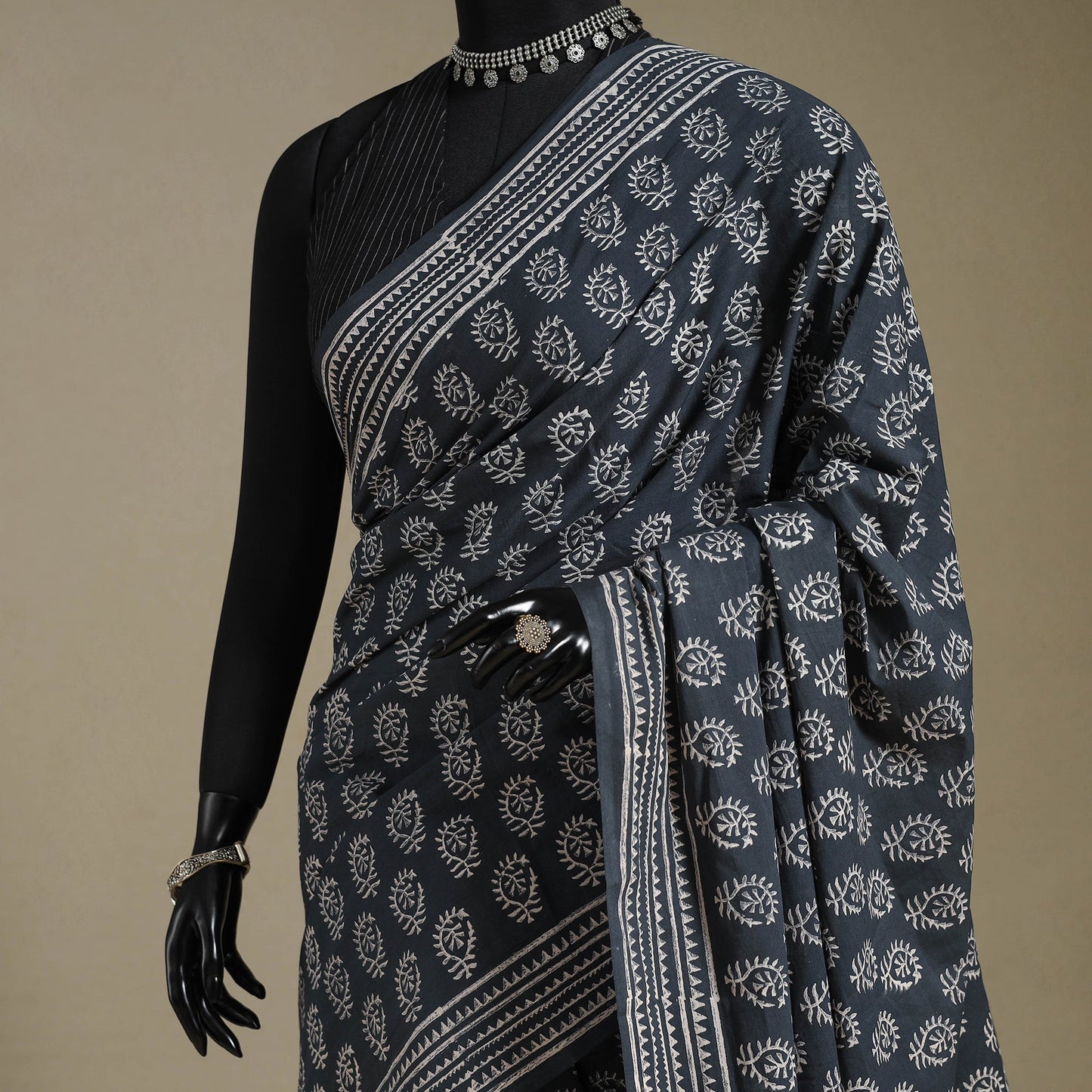 Grey Mul Cotton Block Print Sanganeri Saree