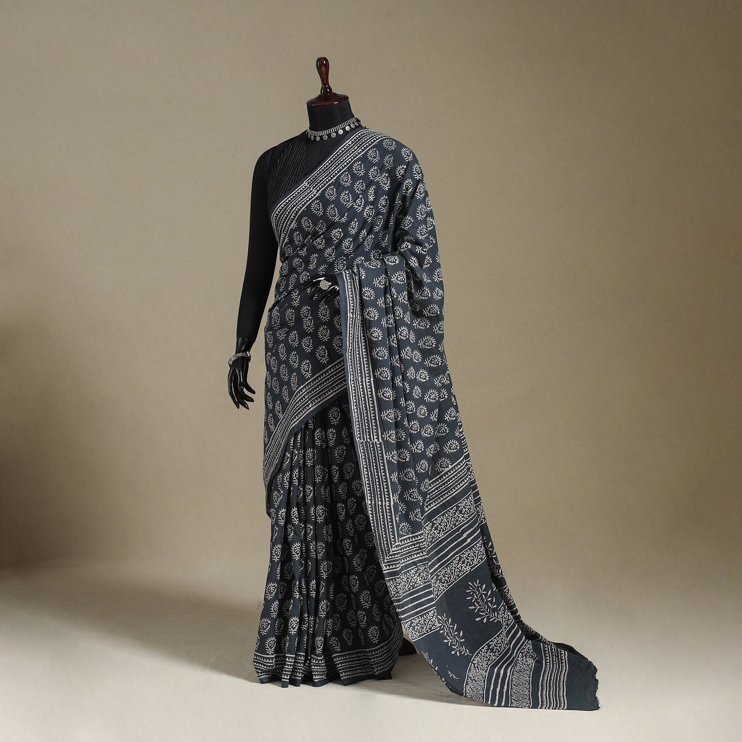 Grey Mul Cotton Block Print Sanganeri Saree