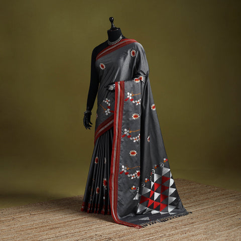 Nath work silk cotton khun saree 01 - handcrafted