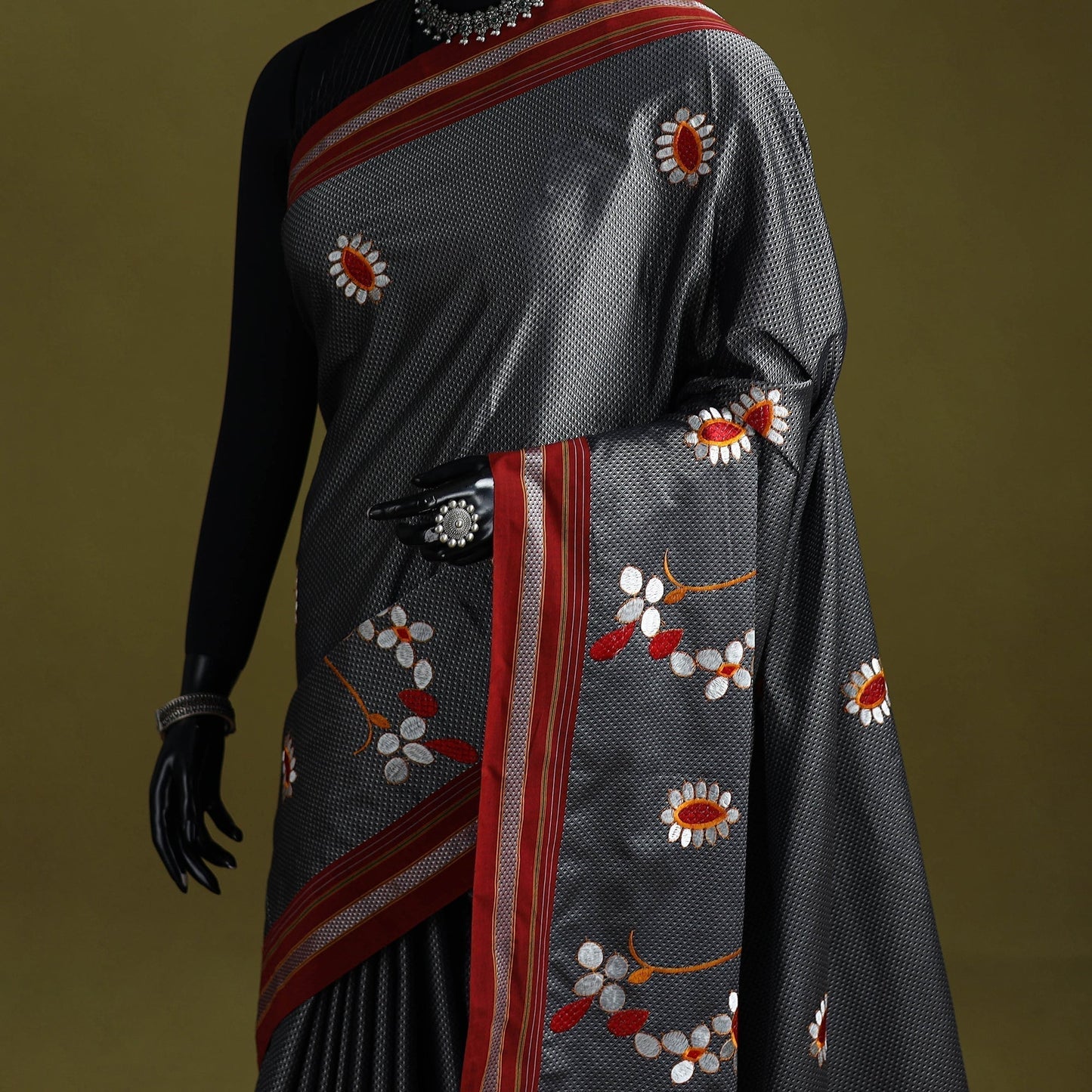Nath work silk cotton khun saree 01 - handcrafted