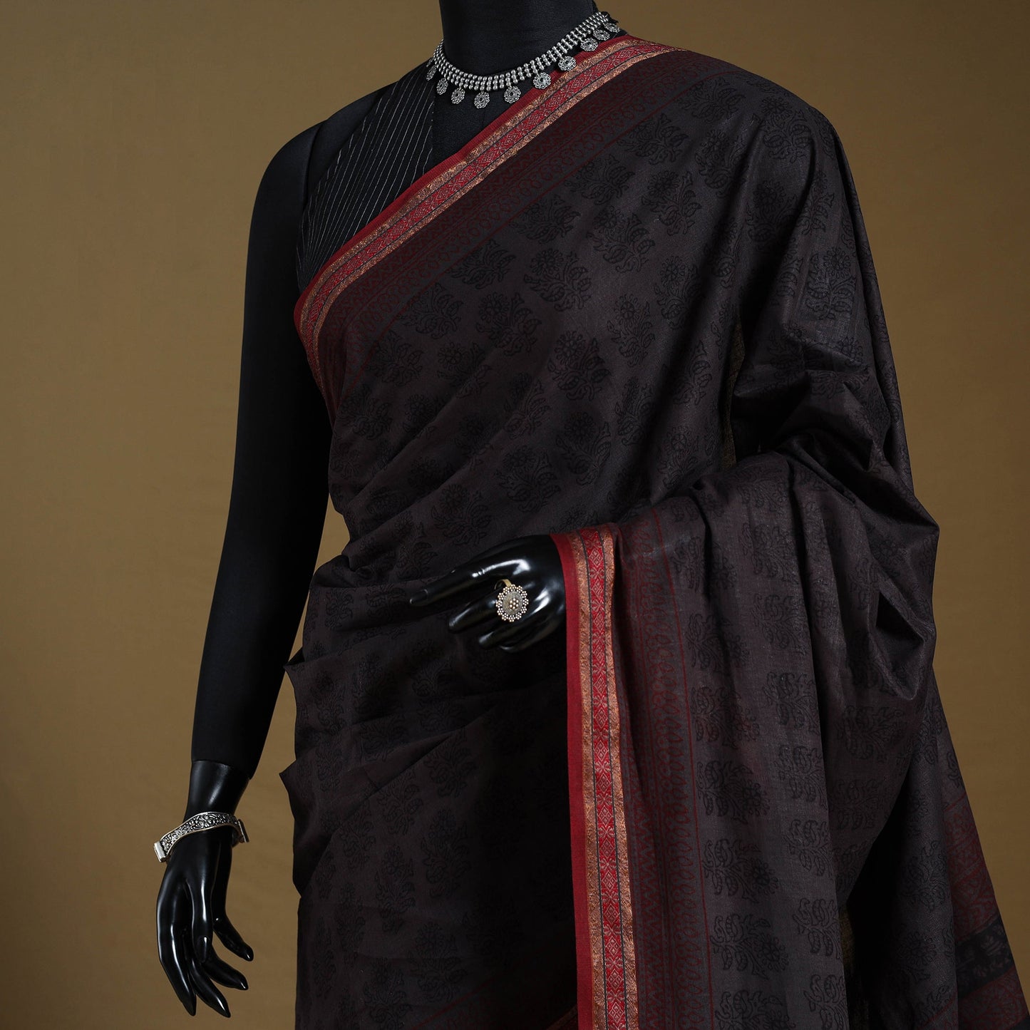 Grey Block Print Natural Dyed Cotton Bagh Saree