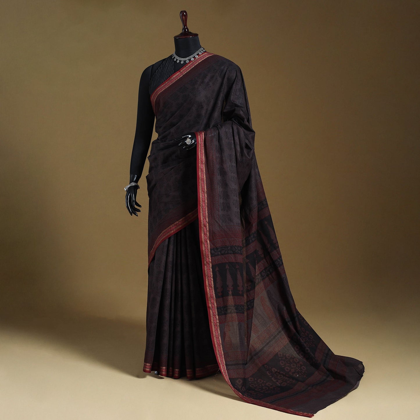 Grey Block Print Natural Dyed Cotton Bagh Saree