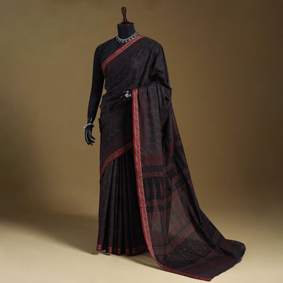 Grey Block Print Natural Dyed Cotton Bagh Saree